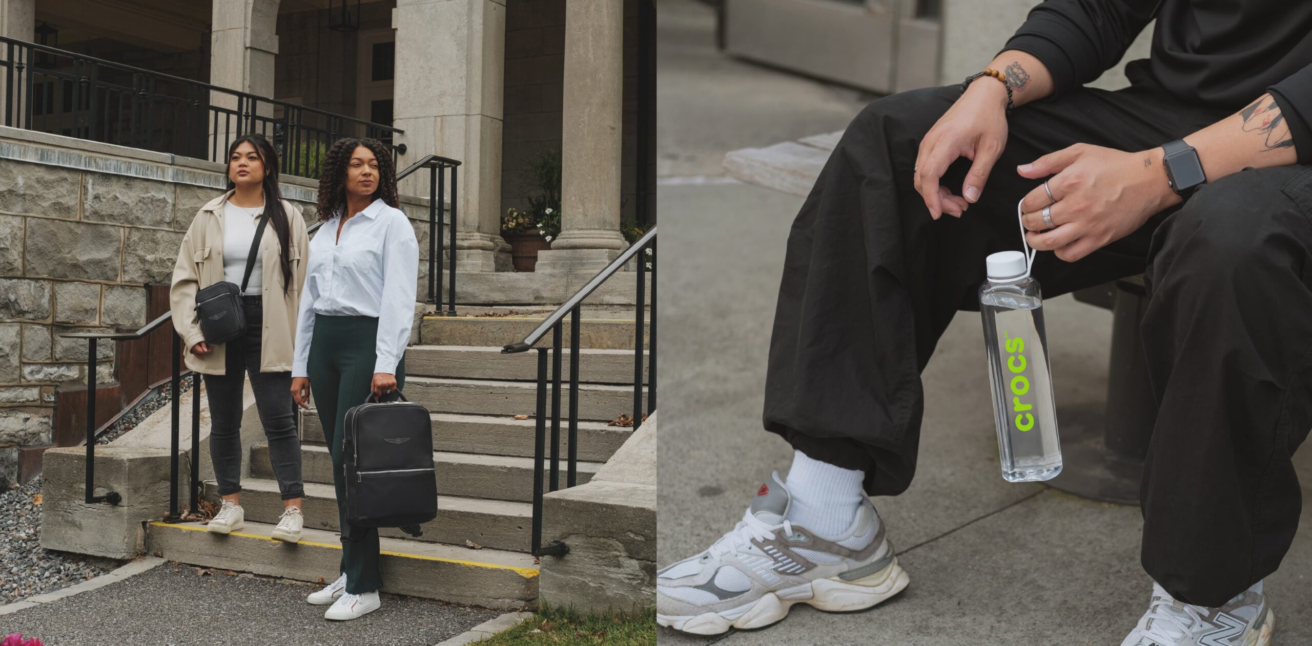 2 woman standing in front of a building wearing fashionable clothes and holding branded backpacks.