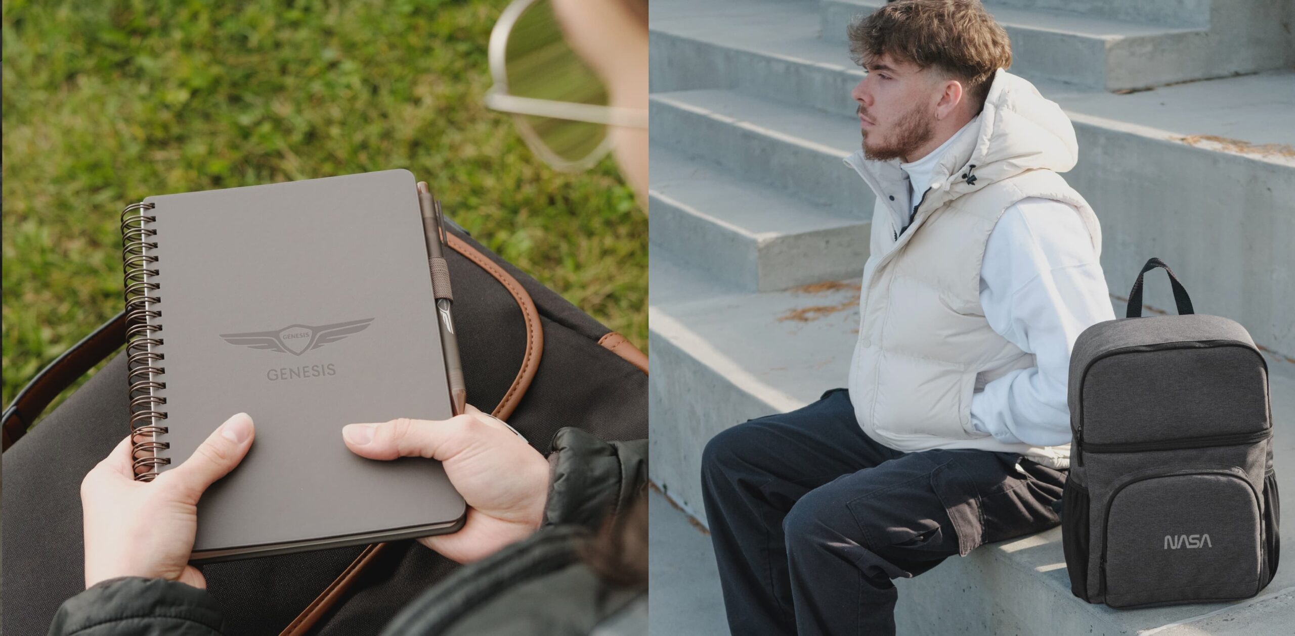a close up of a branded notebook and a man sitting on a bench with a branded backpack next to him
