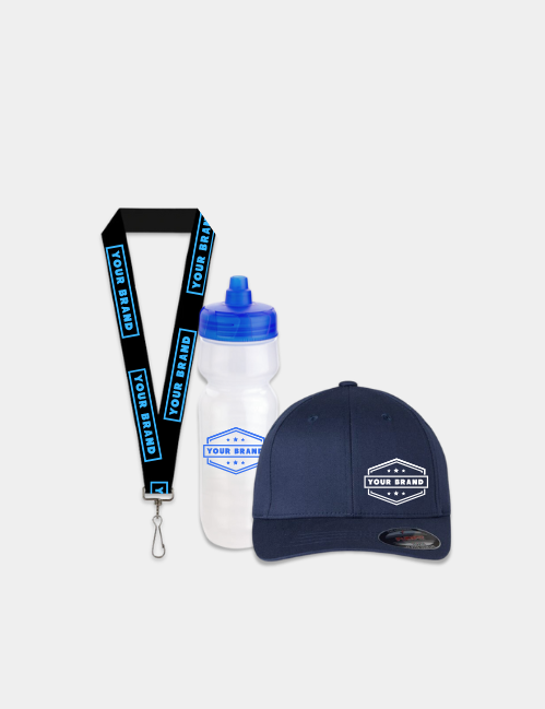 A lanyard, water bottle, and a hat