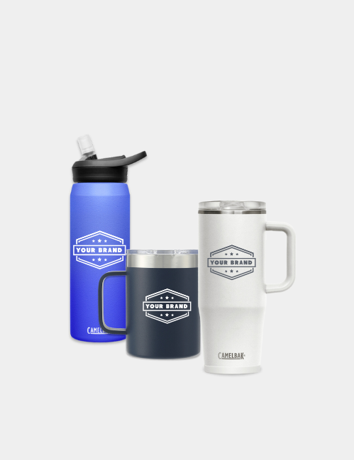 A tumbler, mug, and water bottle