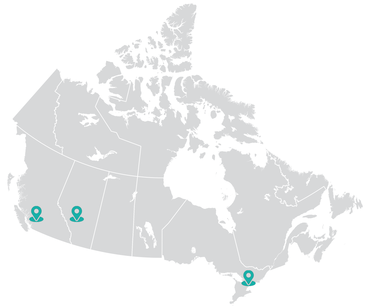 a graphic design image of a map of Canada with location markers representing the company offices.